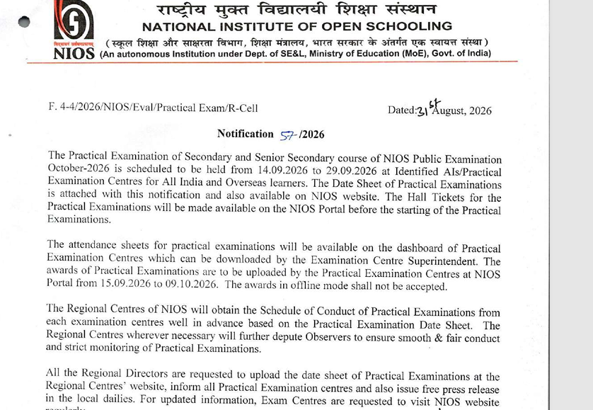 NIOS Practical Exam Date 2026 Class 10 and Class 12 Datesheet