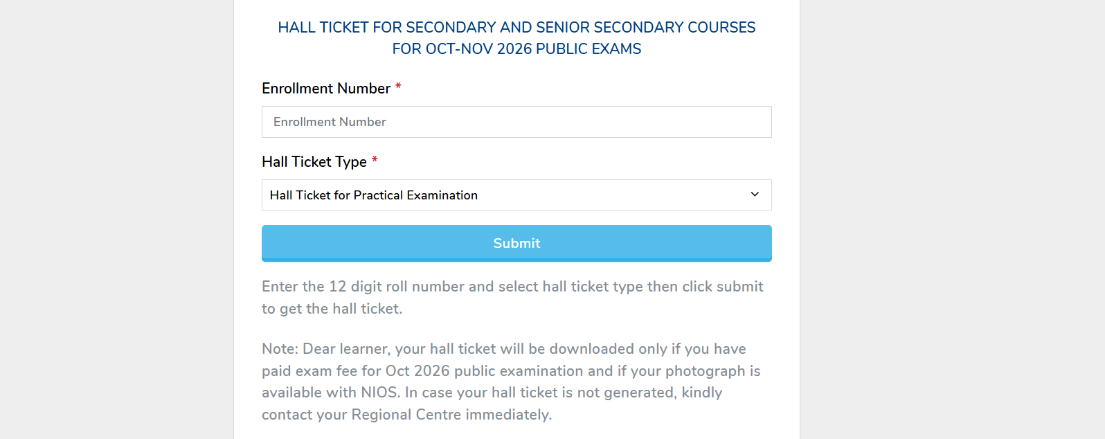 NIOS Practical Exam Hall Ticket 2026 for Class 10 and Class 12